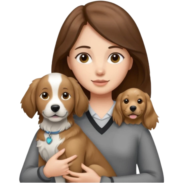 Girl with brown hair holding grey white and black golden retriever dog emoji