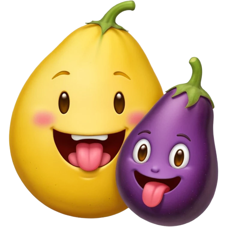 Round yellow emoji face with a tongue poking out, and an egg plant in mouth  emoji