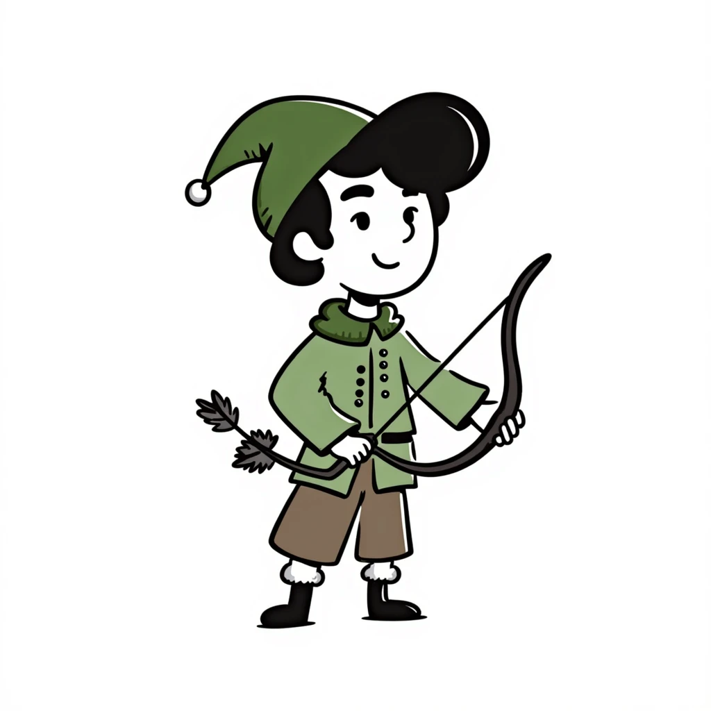 detailed hand drawn doodle of Robin Hood with classic medieval outfit and bow emoji