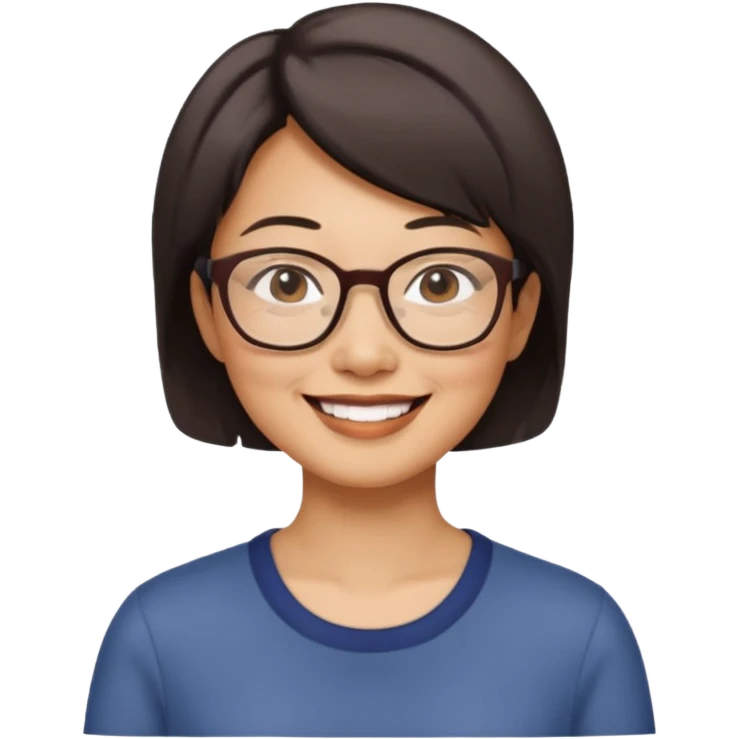 a middle-aged Asian woman with short hair wearing glasses and an impression emoji