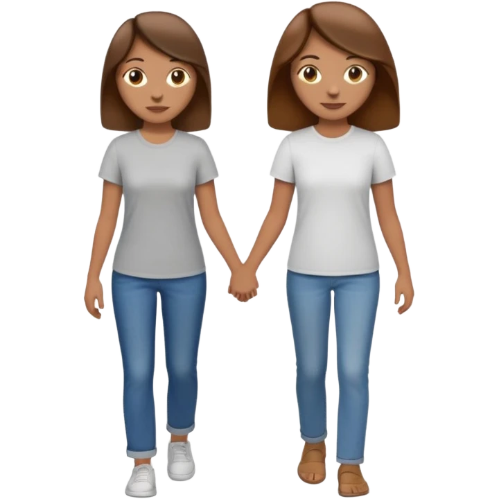based on emoji style, two people walking together. one is brown-haired woman, wearing a shirt,  Another one is a non-binary person, wearing t shirt and jeans, and the second person doesn't have anything on their hands. They are not holding hands emoji