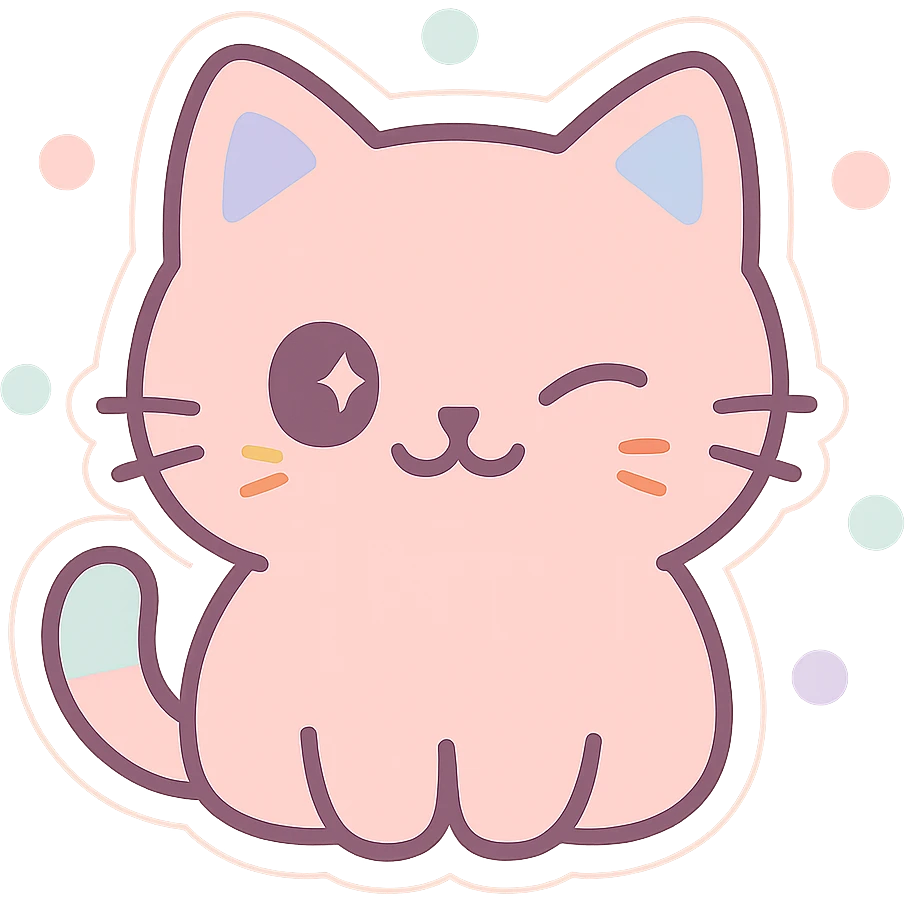 cute cat sticker, sly smiling, winking, kawaii style emoji