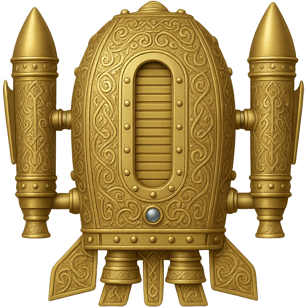 Create a gold ancient wide jetpack with rocket projectiles on both sides, back view, no fire, with engraved patterns in the style of apple emojis. Make it a variant with extra bolts and a different lower fin design. No background. emoji