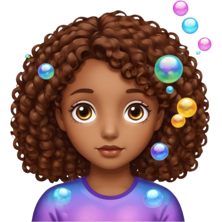 girl with brown curly hair in a side part with big brown eyes looking off to the side with bubbles on both sides of her emoji