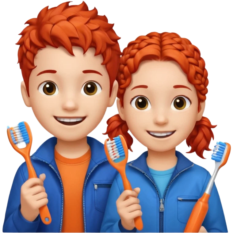 Two children smiling with toothbrushes in their hands. On the left is a girl with braided red hair, wearing a blue jacket and an orange shirt. On the right is a boy with curly black hair, wearing an orange shirt. Both are holding blue toothbrushes and look happy and healthy. emoji