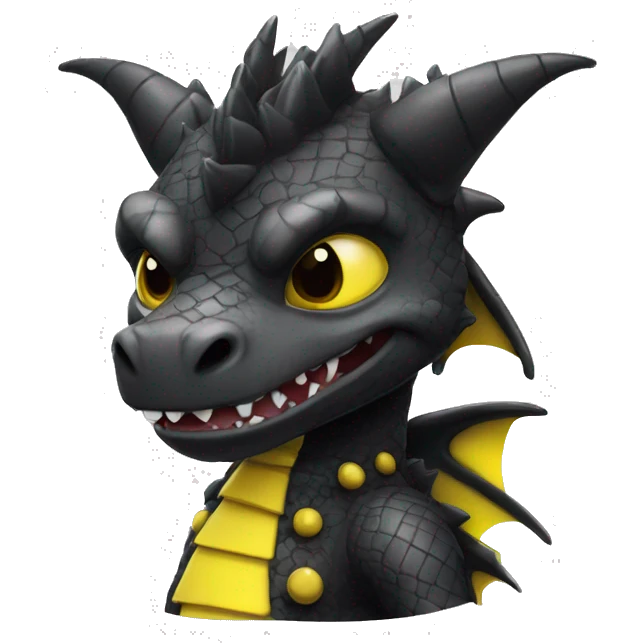 Black dragon dressed in punk clothes with chequer black and white markings and yellow caution tape  emoji
