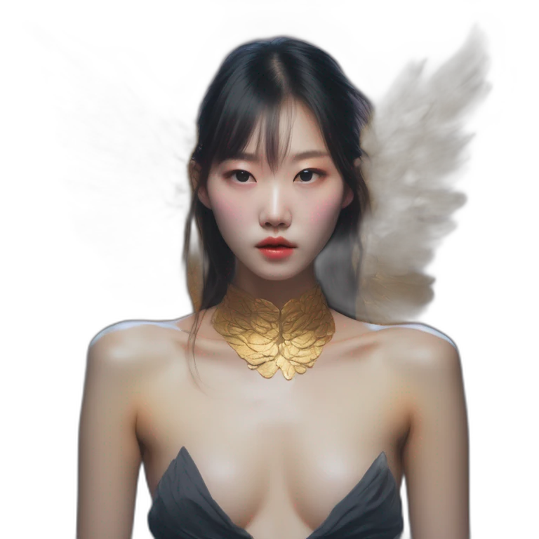 Korean girl-,-david-bellemere,-bare-belly, -wings,-choker,-bathed-in-shadows,-fov-90-degrees,-short-lighting,-I-usm,-cold-colors,-gilded-technique,-extremely-hyper-aesthetic, -absurdres emoji