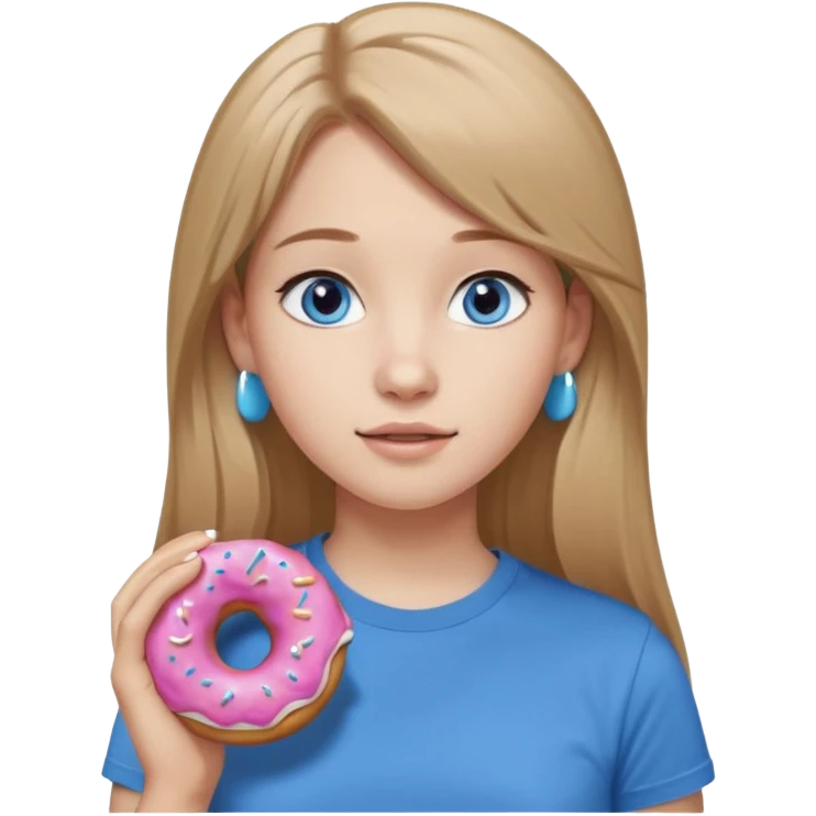 una ragazza dall‘ età di 19 anni con capelli biondo scuro lunghi e lisci ,  occhi celesti,  con addosso una maglietta con una ciambella e le cuffie airpods (bianche) ascoltando violetta emoji