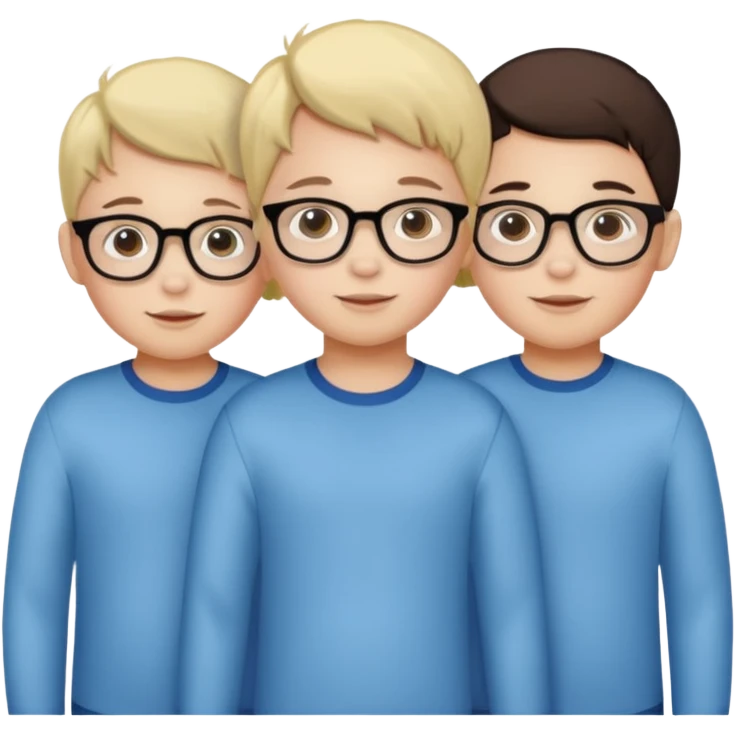Triplets, one girl with no glasses, two boys with glasses, young children emoji