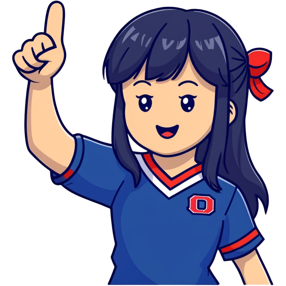 East Asian woman with long black straight hair and bangs wearing Doosan Bears team colors navy blue and red, cheering emoji