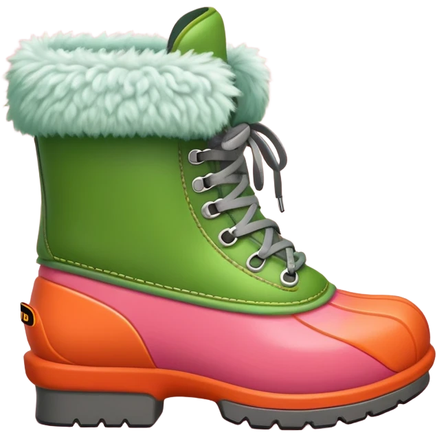 A cute and colorful cartoon-style shoe emoji, inspired by a winter boot. The boot has a red base, orange middle section, gray laces, and a thick green fuzzy collar. The shoe has a rounded, friendly shape with soft textures and a toy-like appearance. Set on a simple pink background. Designed in 3D style like Pixar or DreamWorks animation. emoji