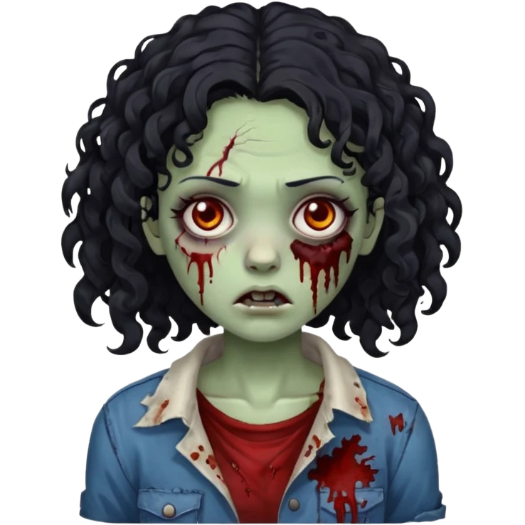 a zombie with curly medium black hair, dark brown eyes and a bit of blood on her cheek emoji