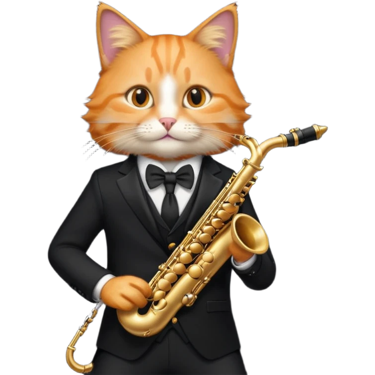 orange cat play gold saxophone, wear black suit emoji