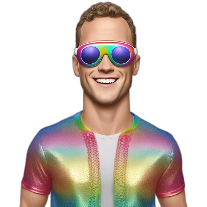 Fancy disco Jonathan Toews wearing rainbow lace shirt and wearing VR glasses and eating a moon pie emoji