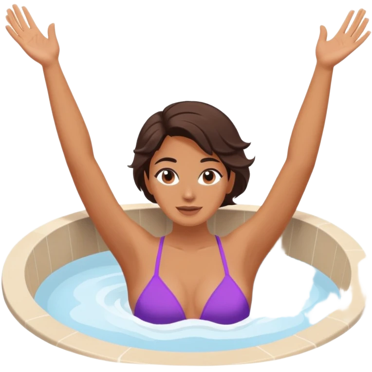 Woman in hot tub with one arm up in the air and other hand gripping the jacuzzi edge emoji