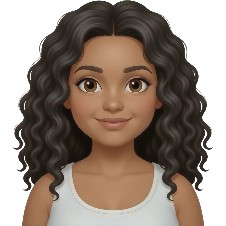 Una niña color de piel blanquita y de cuerpo rellenita y de la cara también cabello colocho largo negro emoji