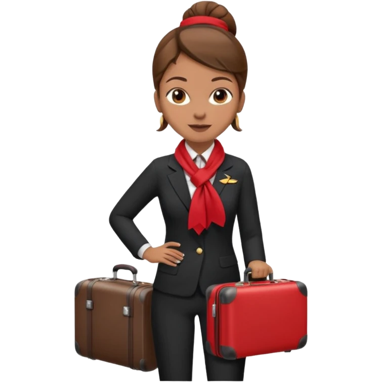 flight attendant, Light Brown skin, brown hair in single bun, neck scarf, suitcase emoji