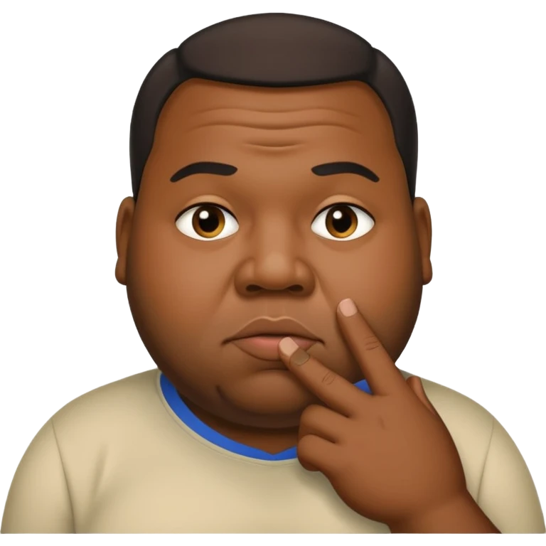 Fat black guy with a straight face staring into your face with a finger to his lips shushing  emoji