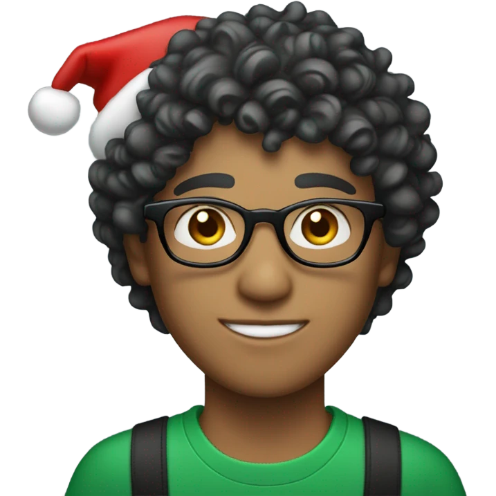 Unisex person ’light skin’ ’short curly dark green hair’ in a ’red Santa hat’ and black tshirt and round glasses  emoji