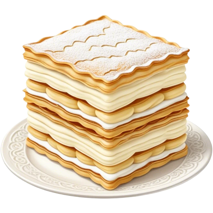 Cinematic delicate mille-feuille, thin crispy pastry layers filled with smooth vanilla cream, dusted with powdered sugar, elegant presentation, highly detailed and sophisticated. emoji