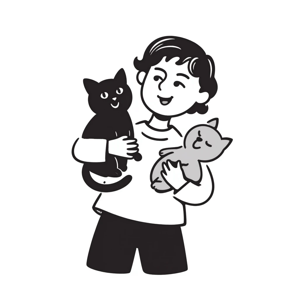 girl with brown hair holding two cats, one tortoiseshell cat and one Scottish cat emoji