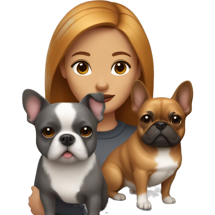 caramel hair woman with two dogs: a pomeranian and a dark gray french bulldog emoji