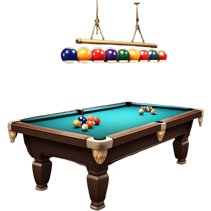 A well-arranged pool table with colorful billiard balls neatly placed, and a cue stick poised to take a shot. The setting is a dimly lit room with a focused atmosphere, highlighting the precision and strategy involved in the game of billiards. emoji