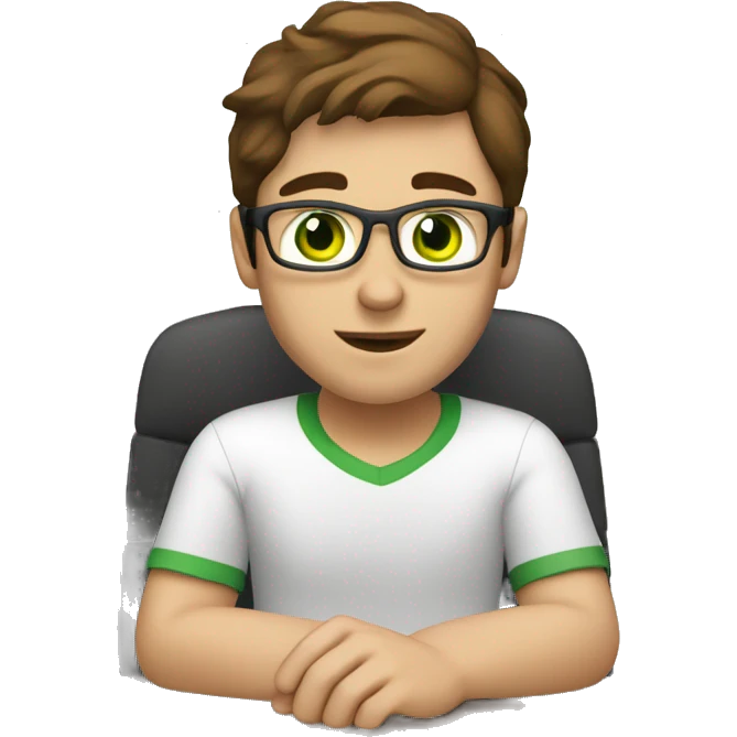 white software engineer, with brown hair, brown and green eyes, programming on a computer emoji