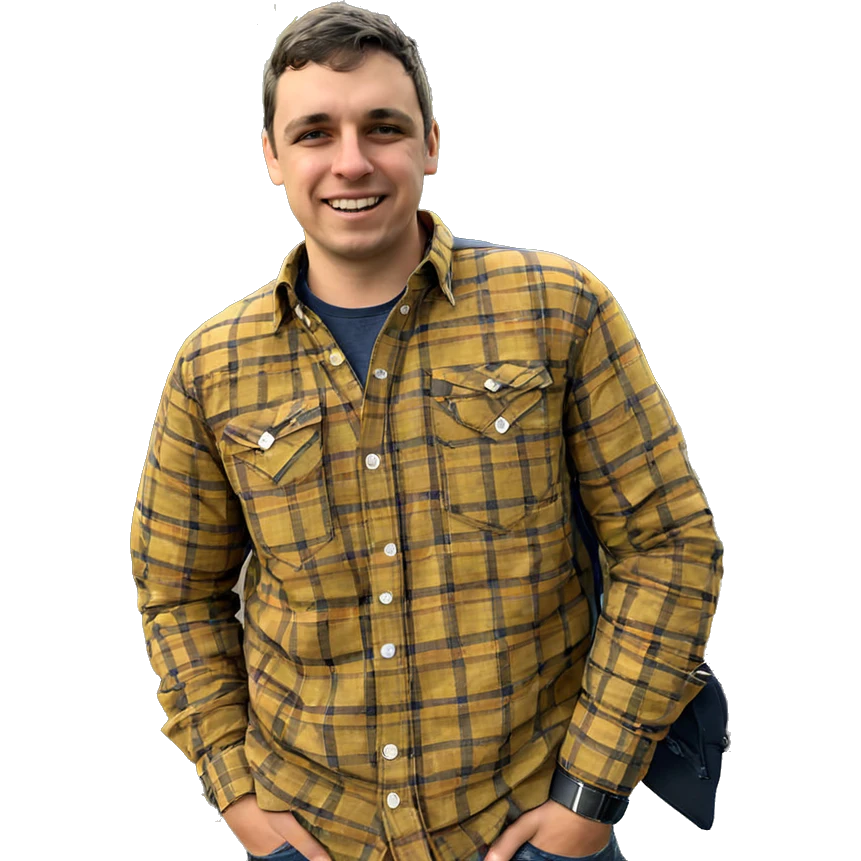 smiling boy outdoors in plaid emoji