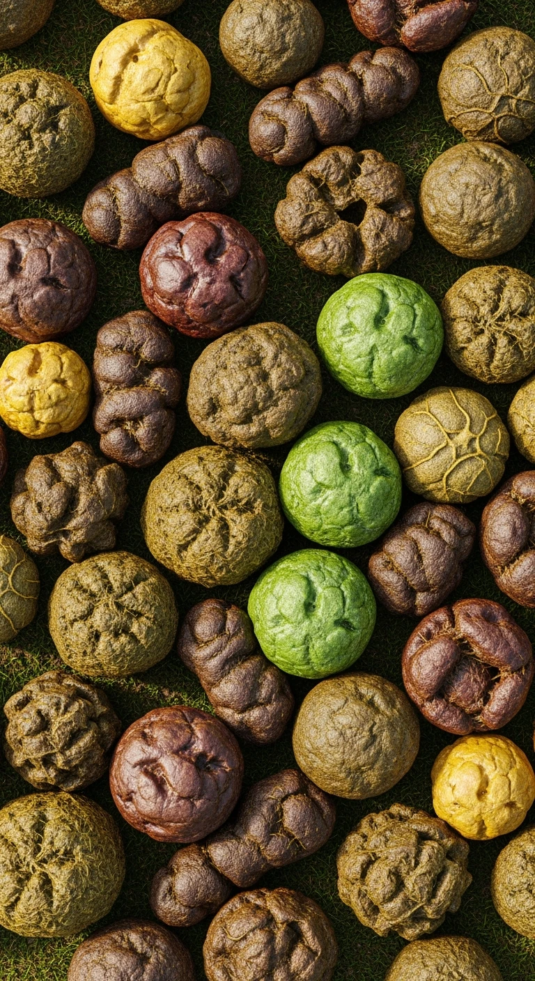 FECI DI ANIMALE VISTE DALL'ALTO DI FORMA, DIMENSIONE E COLORI DIFFERENTI, IPERREALISTICA 4K emoji