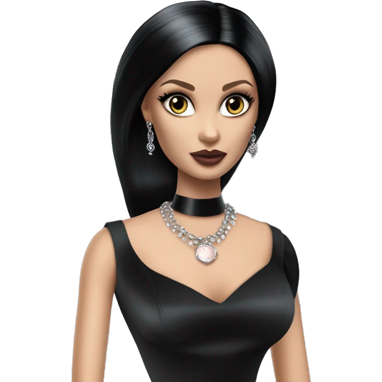 Really Hot Mortcia Addams Barbie. Slinky silk well-fitted, backless black dress. very pale complexion. simple jewelry. Bedroom eyeshadow. Dark straight hair. emoji