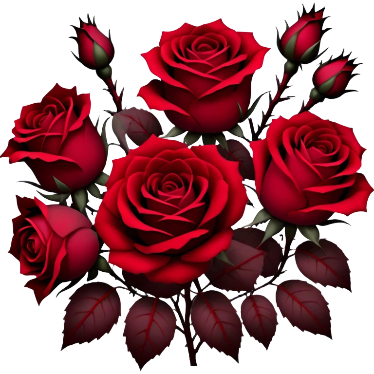 A hauntingly beautiful scene of deep red Gothic roses, their velvety petals unfolding in shades of ruby, burgundy, and scarlet. Dark thorns twist around them, emerging from the shadows like a forbidden love story. emoji