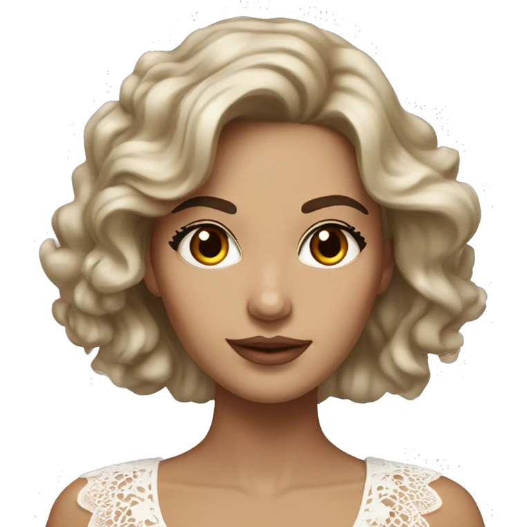 hyper realism Adult woman with brown eyes, light tanned skin, long wavy dark brown hair, wearing a white lace dress emoji