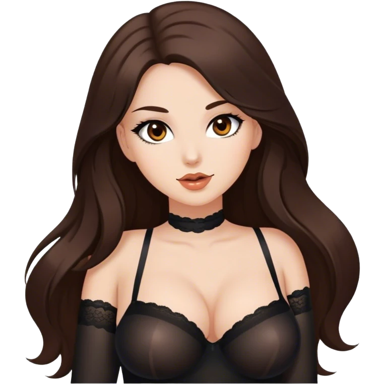 Beautiful Buxom brunette long hair and brown eyes, intimate, sfw black nylon stocking pose emoji