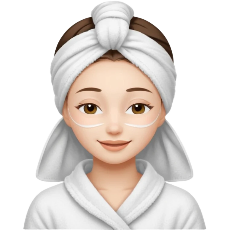 cute girl with her eyes closed and smiling, wearing a white spa towel as her clothes in she has a white spa towel on her head, white face skincare mask emoji