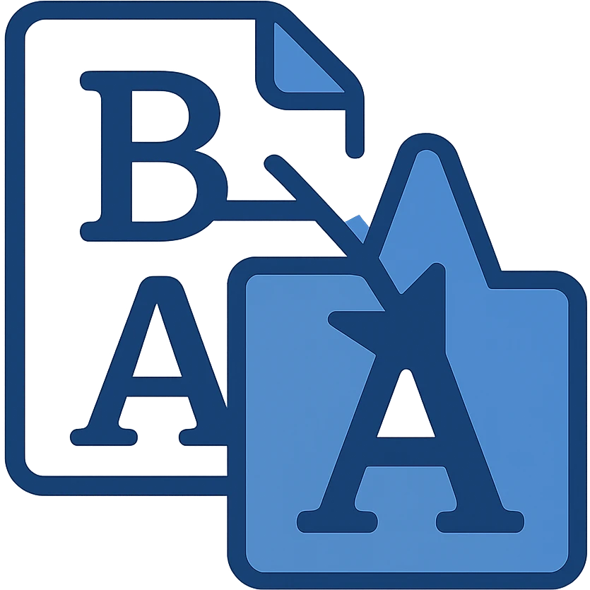 Reimagine the Bulk File Rename Utility icon in a minimalistic, flat blue style consistent with previous icons. Depict two overlapping blue document icons, one with a large 'B' and the other with a large 'A'. Include a blue arrow pointing from the 'B' document to the 'A' document. Use almost exclusively shades of blue with clean, simple lines. Prioritize clarity, recognizability, and consistency with the other icons. Fully transparent background, minimal use of other colors. emoji