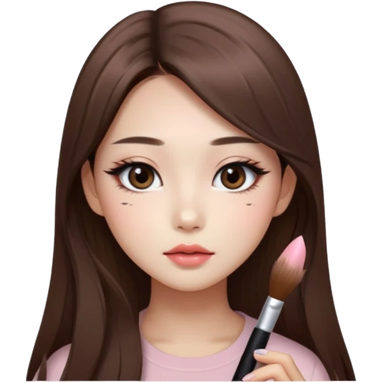 “korean straight long brown hair Emoji girl, soft eyeliner and blush, gradient lips, light brown shimmer eyeshadow emoji