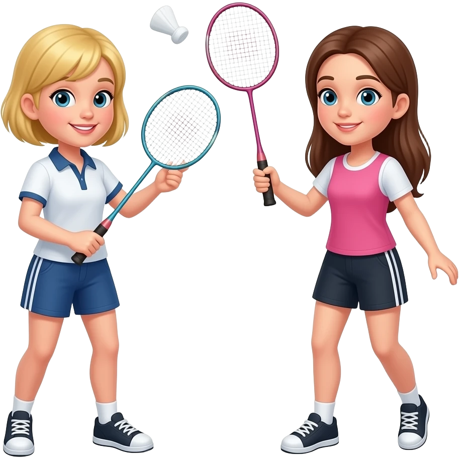 A blonde girl with short hair and a brunette girl with long hair playing badminton emoji