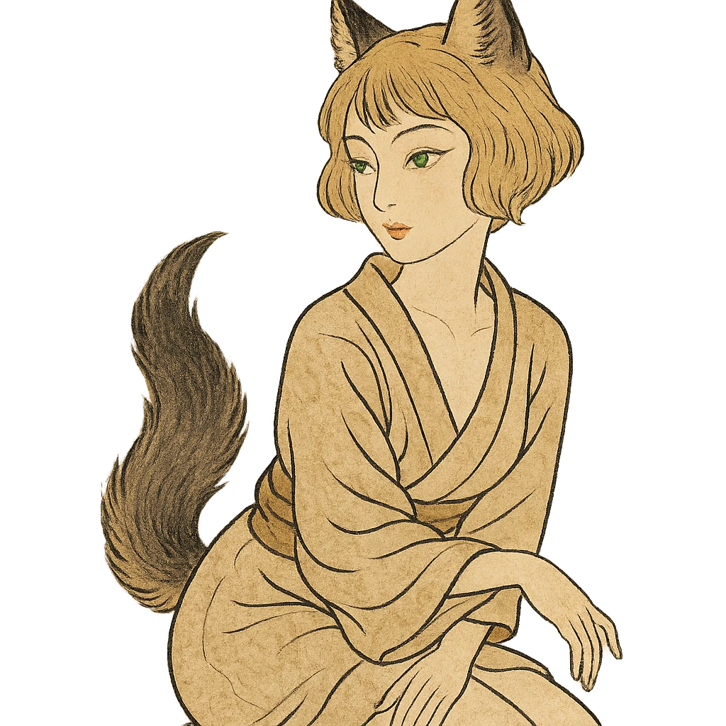 ukiyo-e inspired furry girl with wolf ears and tail, short blonde hair, green eyes, elegant pose, soft skin, ukiyo-e style emoji
