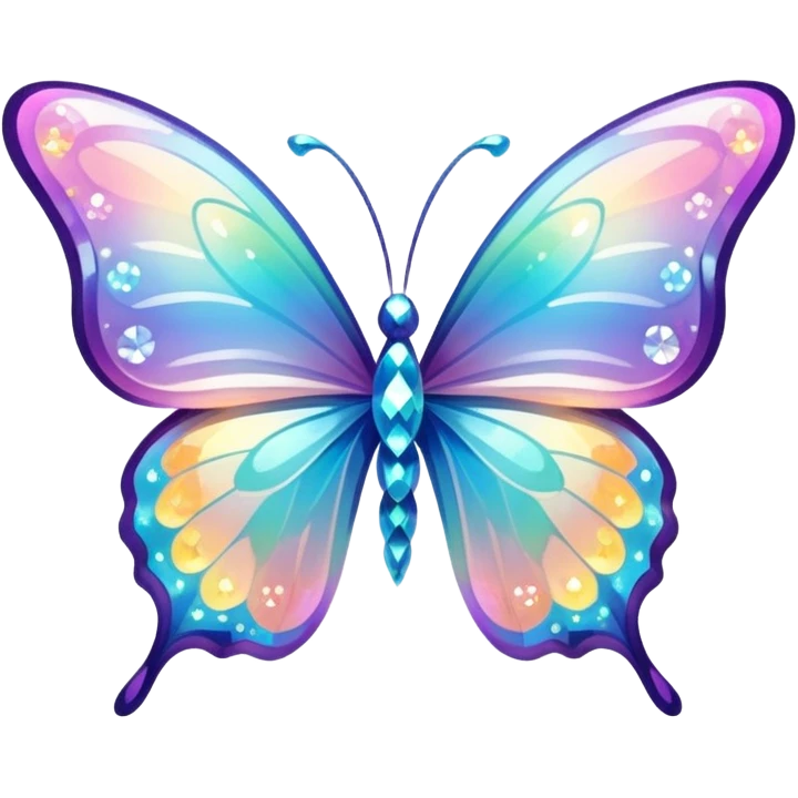 Transparent Shiny Glossy Pastel Gradient Hue Iridescent Crystal Butterfly with bright sparkles and sparkling glitter swirling around it emoji