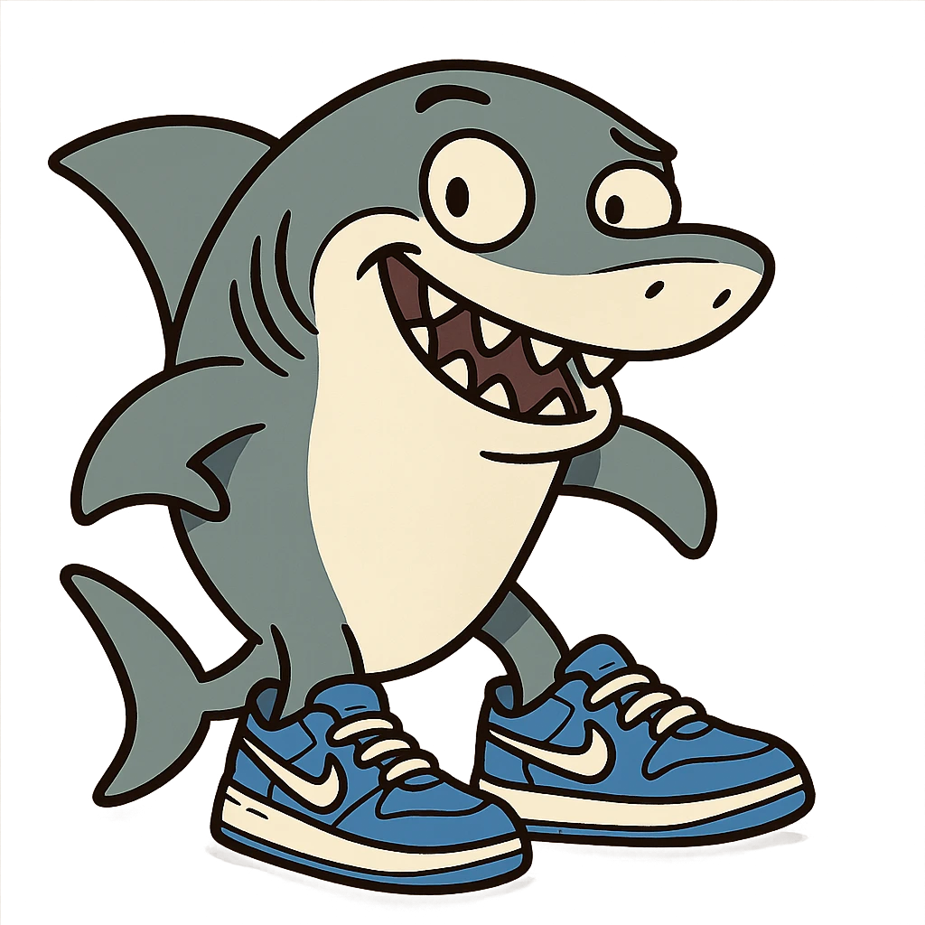 a fun and clear style shark with blue Nike shoes on its feet, cartoonish, playful, vibrant colors emoji