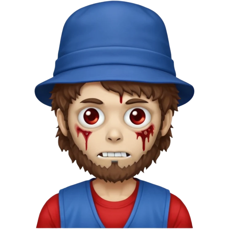brown fluffy hair zombie with blue and white hat dark blue jilet red t shirt emoji