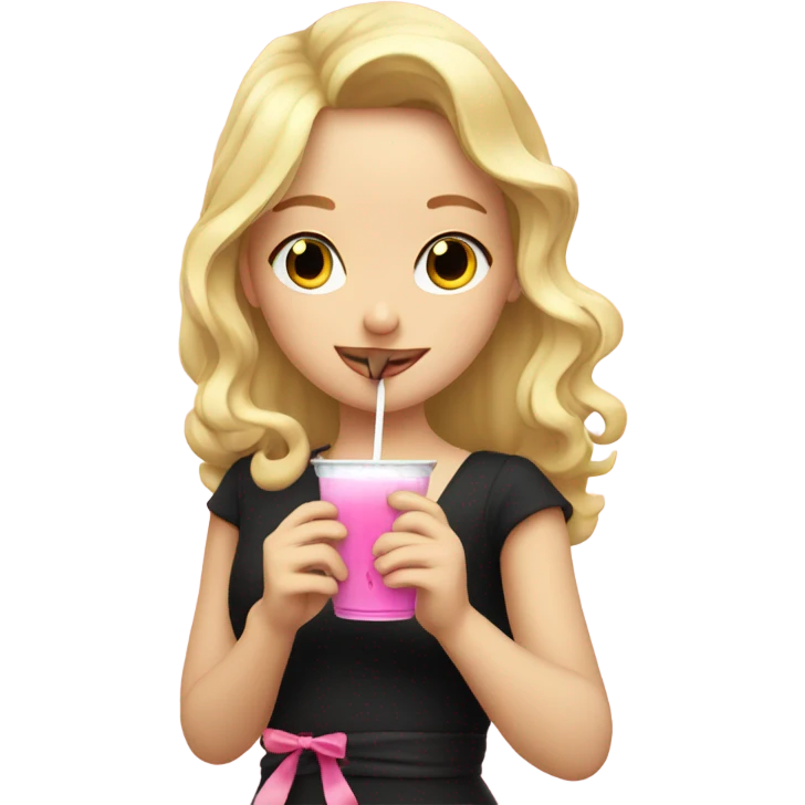 Blonde girl with black ribbon drinking from Pink stanley  emoji