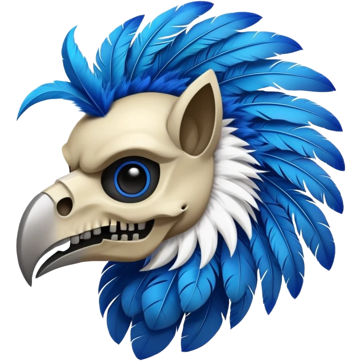 Furry Fakémon-Pokémon-animal-creature with a skull mask, and a feather-mane-collar, and blue feathers emoji