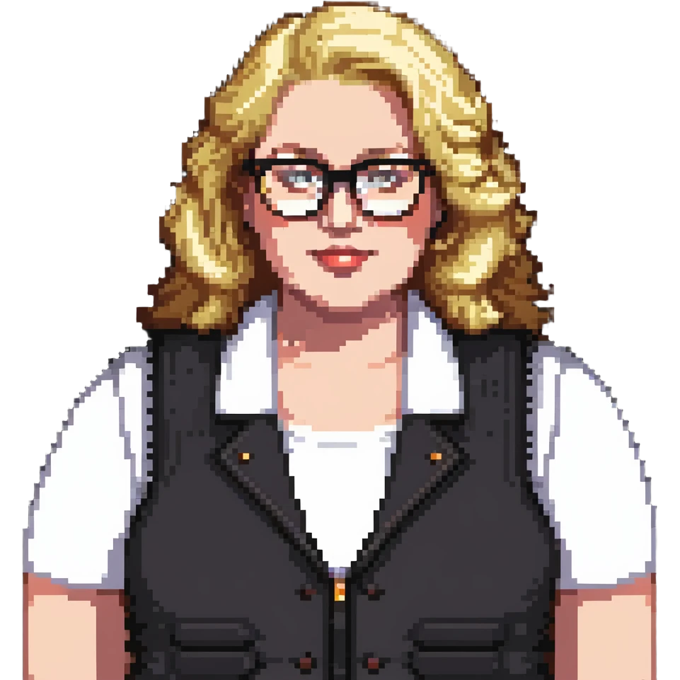 Plus size blonde person wearing glasses and a vest emoji