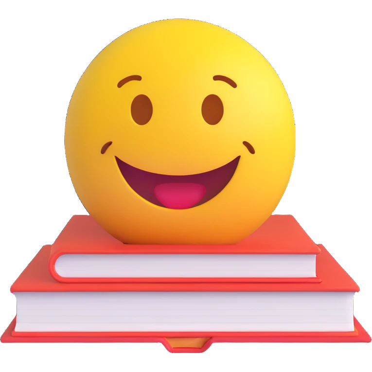 3D smiley emoji, round shape, university student studying with a book, yellow color, smiling face emoji