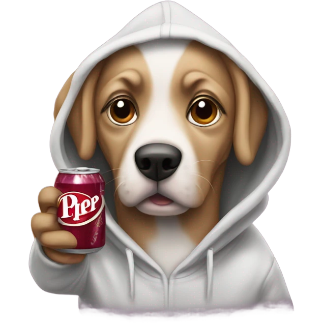 Dog wearing hoddie while drinking Dr Pepper  emoji