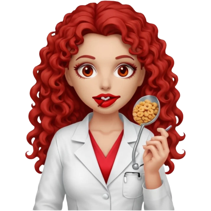 Sensual Spanish Lilith core evil surgeon.red outfit.  Surgeon has red eyes. Her hair is brown long and  curly. wearing a sexy surgeon outfit with platform heels.she is a calculated smart cereal killer. She covers only her mouth and nose to hide identity  emoji