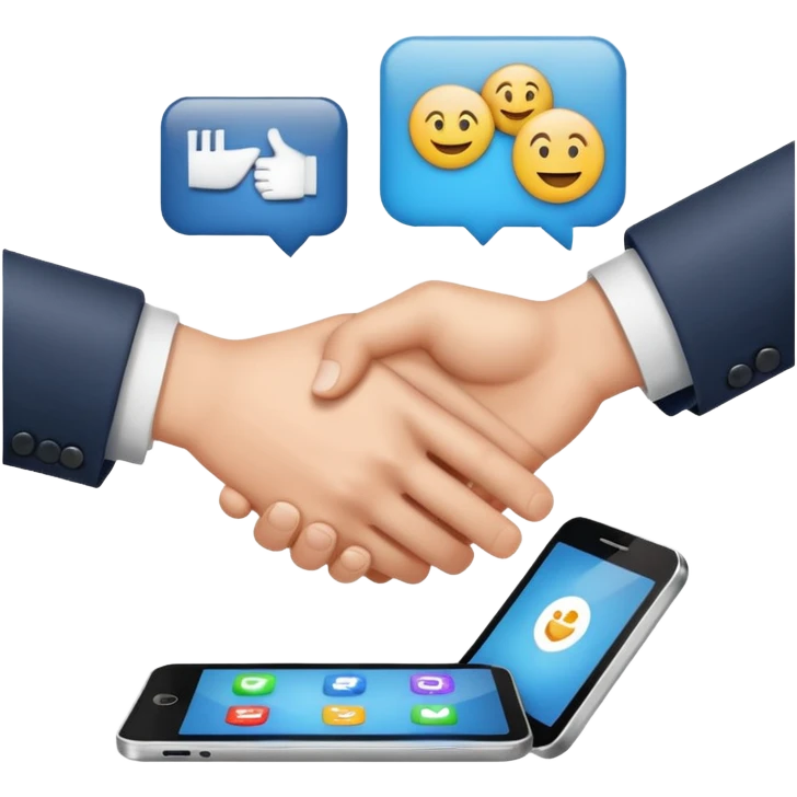 handshake over a digital device, CRM tool emoji