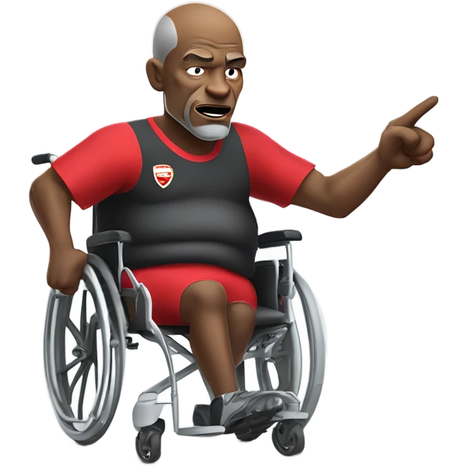 old black bald man with a protruding round pot belly in wheelchair. angry face. grey stubble. he is pointing finger in front. Arsenal soccer shirt. mouth word bubble emoji